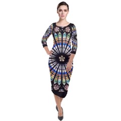 Stained Glass Cathedral Rosette Quarter Sleeve Midi Velour Bodycon Dress