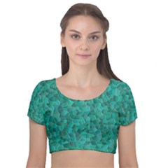 Turquoise Velvet Short Sleeve Crop Top  by LalaChandra