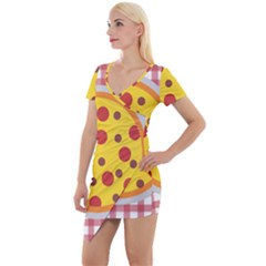 Pizza Table Pepperoni Sausage Short Sleeve Asymmetric Mini Dress by Pakrebo