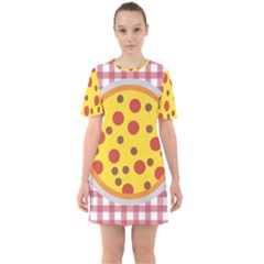 Pizza Table Pepperoni Sausage Sixties Short Sleeve Mini Dress by Pakrebo