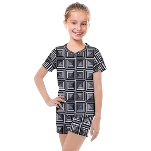 Pattern Op Art Black White Grey Kids  Mesh Tee And Shorts Set by Pakrebo