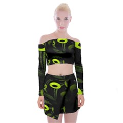 Fractal Fractals Green Ball Black Off Shoulder Top With Mini Skirt Set by Pakrebo