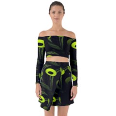 Fractal Fractals Green Ball Black Off Shoulder Top With Skirt Set by Pakrebo