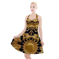 Golden Sun Gold Decoration Wall Halter Party Swing Dress  by Pakrebo