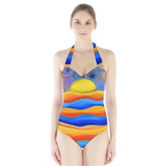 Paint Painting Landscape Scene Halter Swimsuit by Pakrebo