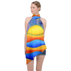 Paint Painting Landscape Scene Halter Asymmetric Satin Top