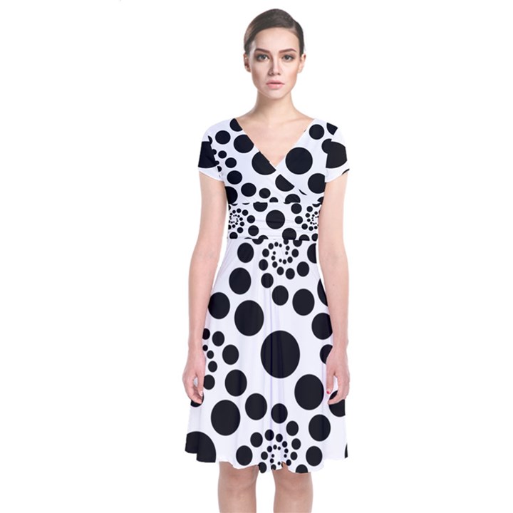 Dot Dots Round Black And White Short Sleeve Front Wrap Dress