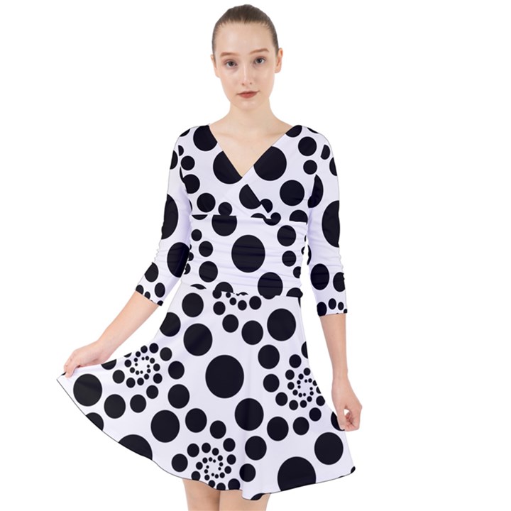 Dot Dots Round Black And White Quarter Sleeve Front Wrap Dress