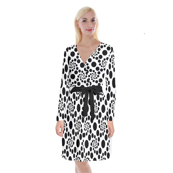 Dot Dots Round Black And White Long Sleeve Velvet Front Wrap Dress