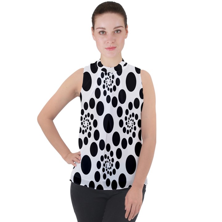 Dot Dots Round Black And White Mock Neck Chiffon Sleeveless Top