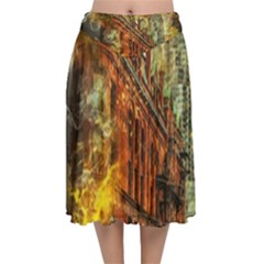 Flat Iron Building Architecture Velvet Flared Midi Skirt by Pakrebo