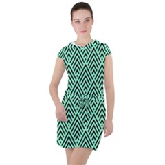 Chevron Pattern Black Mint Green Drawstring Hooded Dress