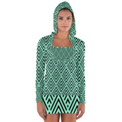 Chevron Pattern Black Mint Green Long Sleeve Hooded T-shirt by Pakrebo