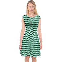 Chevron Pattern Black Mint Green Capsleeve Midi Dress by Pakrebo