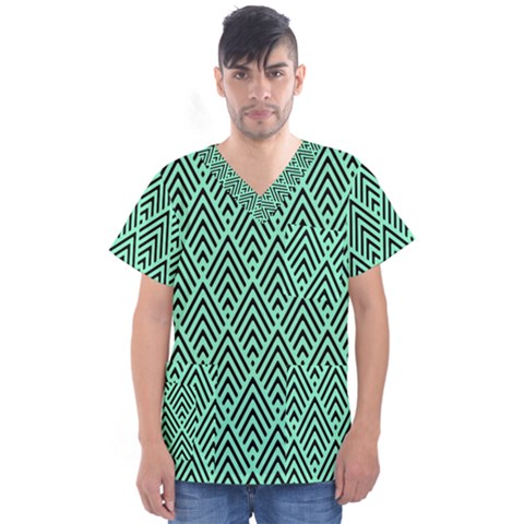 Chevron Pattern Black Mint Green Men s V-neck Scrub Top by Pakrebo