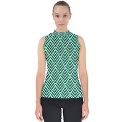 Chevron Pattern Black Mint Green Mock Neck Shell Top by Pakrebo