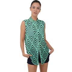 Chevron Pattern Black Mint Green Sleeveless Chiffon Button Shirt