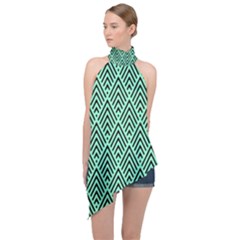 Chevron Pattern Black Mint Green Halter Asymmetric Satin Top