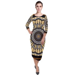 Mandala Pattern Round Ethnic Quarter Sleeve Midi Velour Bodycon Dress