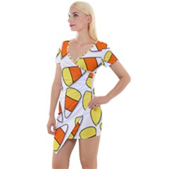 Candy Corn Halloween Candy Candies Short Sleeve Asymmetric Mini Dress by Pakrebo