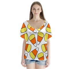 Candy Corn Halloween Candy Candies V-neck Flutter Sleeve Top by Pakrebo