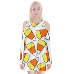 Candy Corn Halloween Candy Candies Velvet Long Sleeve Shoulder Cutout Dress by Pakrebo