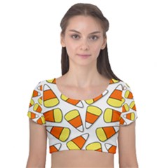 Candy Corn Halloween Candy Candies Velvet Short Sleeve Crop Top  by Pakrebo