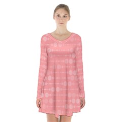 Background Polka Dots Pink Long Sleeve Velvet V-neck Dress by Mariart