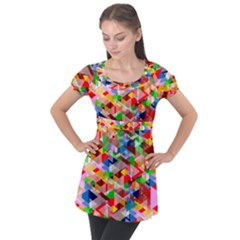 Background Triangle Rainbow Puff Sleeve Tunic Top