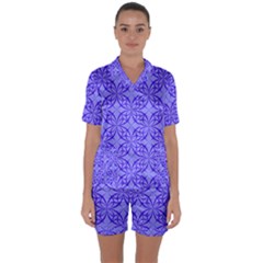 Blue Curved Line Satin Short Sleeve Pyjamas Set