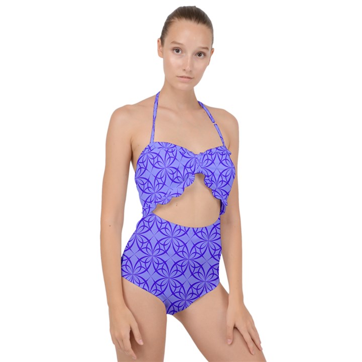 Blue Curved Line Scallop Top Cut Out Swimsuit