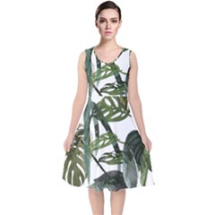 Botanical Illustration Palm Leaf V-neck Midi Sleeveless Dress  by Mariart