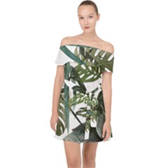 Botanical Illustration Palm Leaf Off Shoulder Chiffon Dress