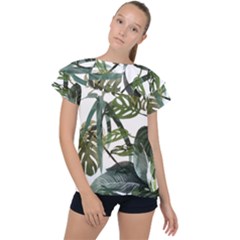 Botanical Illustration Palm Leaf Ruffle Collar Chiffon Blouse