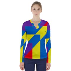 Colorful Red Yellow Blue Purple V-neck Long Sleeve Top by Mariart