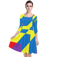 Colorful Red Yellow Blue Purple Quarter Sleeve Waist Band Dress by Mariart