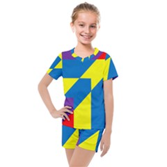 Colorful Red Yellow Blue Purple Kids  Mesh Tee And Shorts Set