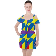 Colorful Red Yellow Blue Purple Ruffle Cut Out Chiffon Playsuit by Mariart