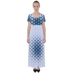 Business Blue Triangular Pattern High Waist Short Sleeve Maxi Dress