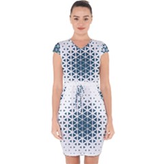 Business Blue Triangular Pattern Capsleeve Drawstring Dress 