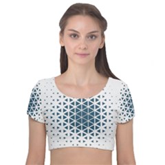 Business Blue Triangular Pattern Velvet Short Sleeve Crop Top 