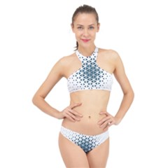 Business Blue Triangular Pattern High Neck Bikini Set