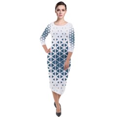 Business Blue Triangular Pattern Quarter Sleeve Midi Velour Bodycon Dress