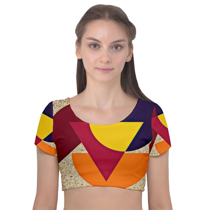 Circle Half Circle Colorful Velvet Short Sleeve Crop Top 