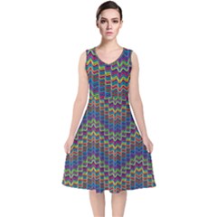 Decorative Ornamental Abstract Wave V-neck Midi Sleeveless Dress 