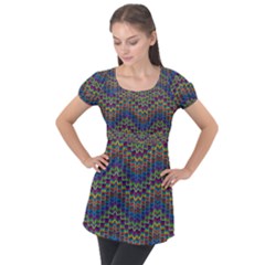 Decorative Ornamental Abstract Wave Puff Sleeve Tunic Top