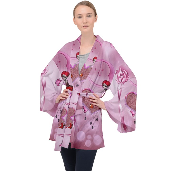 Cute Little Girl With Heart Velvet Kimono Robe