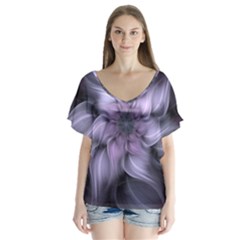 Purple Flower Windswept V-neck Flutter Sleeve Top by JezebelDesignsStudio