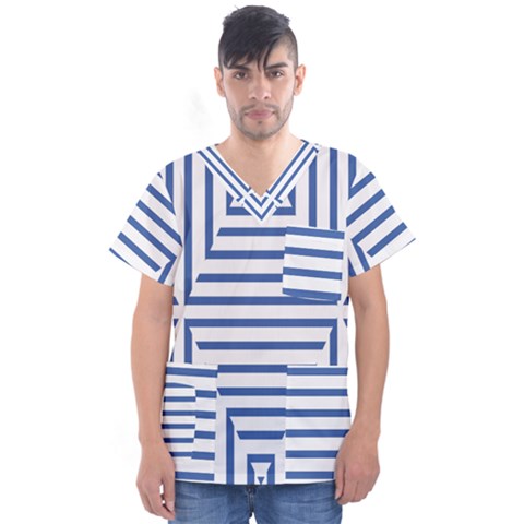 Geometric Shapes Stripes Blue Men s V-neck Scrub Top by Mariart