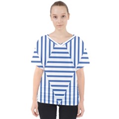 Geometric Shapes Stripes Blue V-neck Dolman Drape Top by Mariart